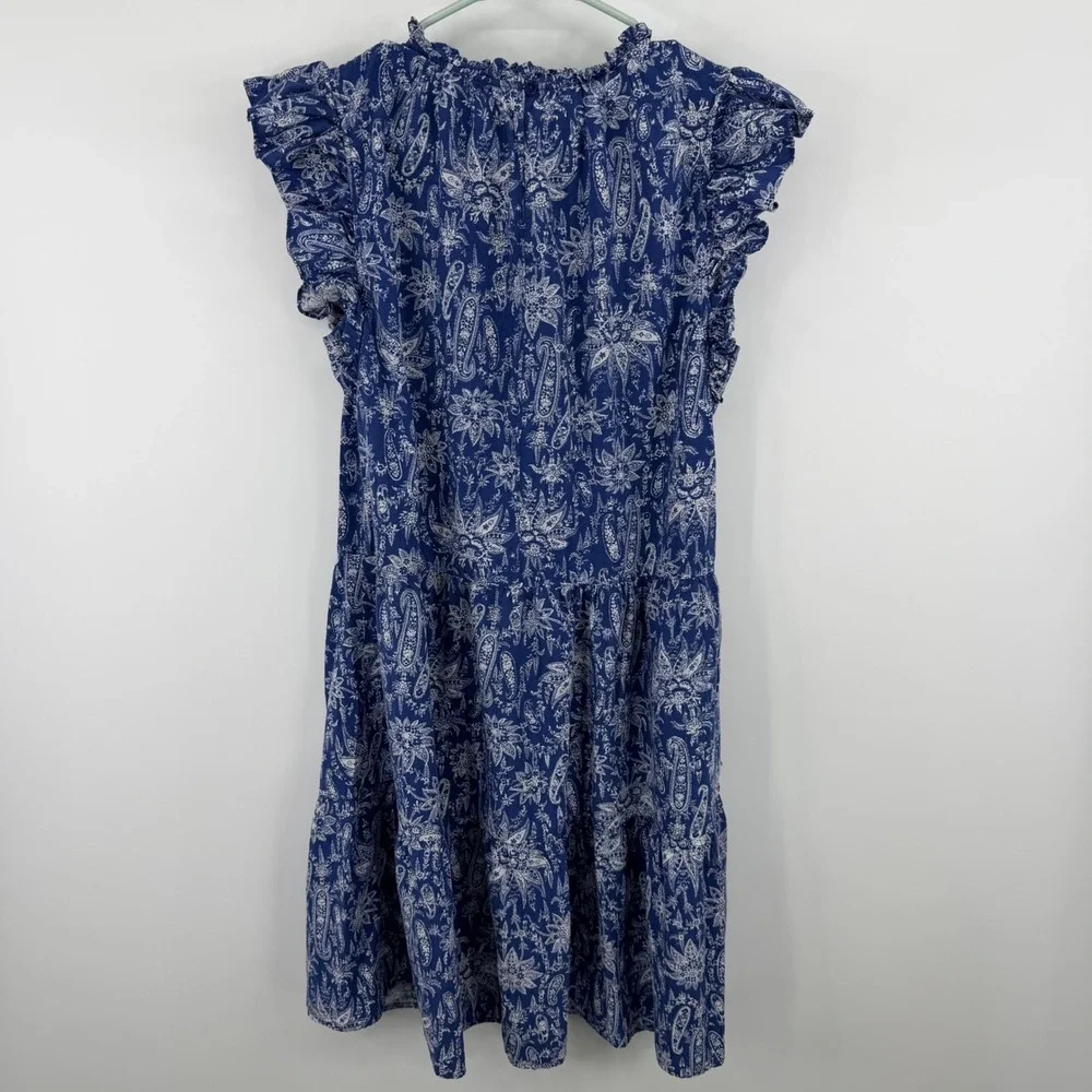 Ann Taylor Dress Womens Medium Blue Paisley Ruffle Sleeve Tiered Cotton Blend - Picture 6 of 7